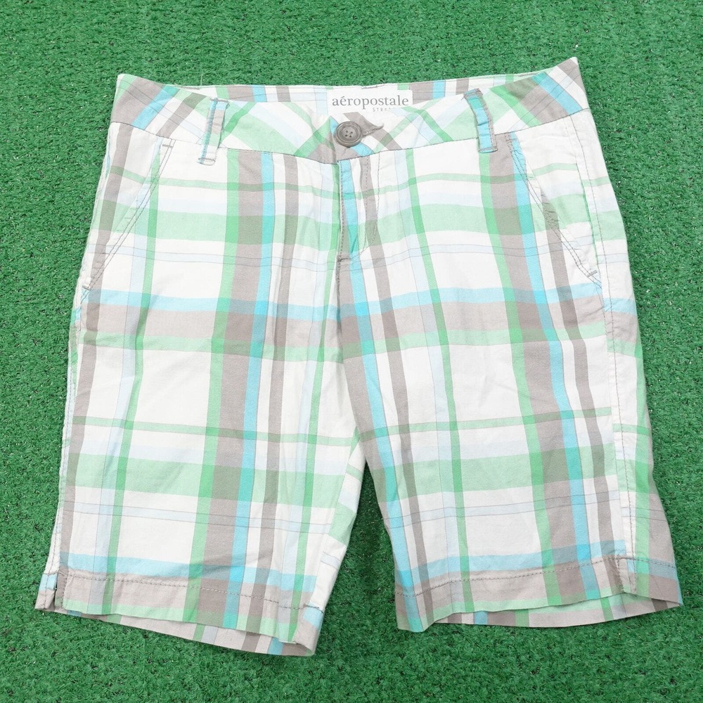 AEROPOSTALE‎ STRETCH PLAID FLAT FRONT CHINO SHORTS WOMENS SIZE 3 / 4 3/4